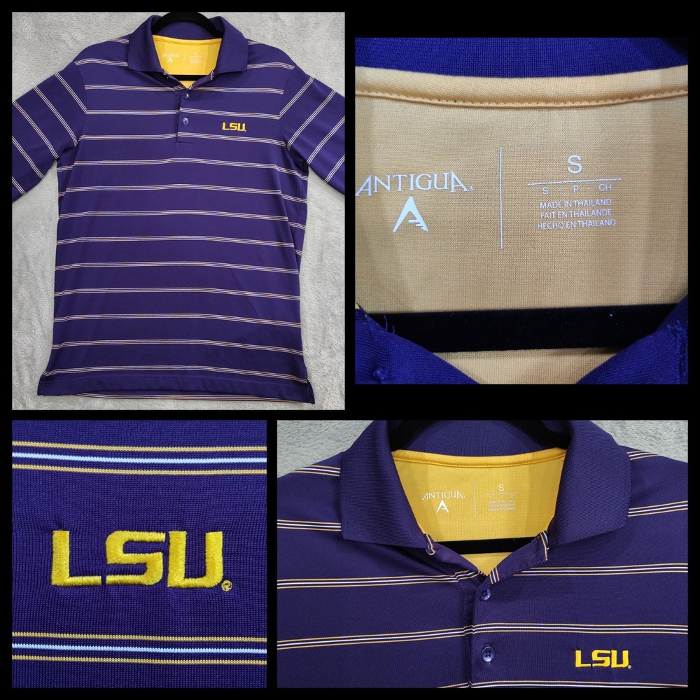 Antigua Mens Small (40 in Chest) Purple Yellow Striped LSU Lousiana Tigers Polo